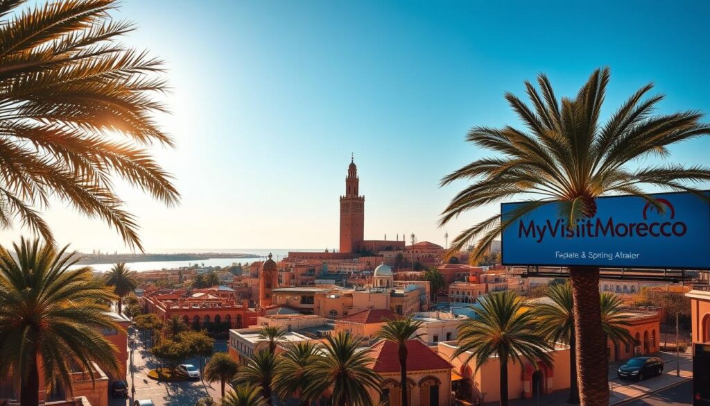 A vibrant cityscape of Rabat in September, bathed in warm golden light. In the foreground, palm trees sway gently, their fronds casting intricate shadows on the bustling streets below. In the middle ground, the iconic Hassan Tower, a magnificent 12th-century minaret, stands tall against a clear blue sky. Surrounding it, the ochre-hued buildings of the historic Kasbah of the Udayas create a picturesque tapestry, their terracotta roofs and whitewashed walls reflecting the sun's rays. In the background, the shimmering waters of the Bou Regreg River flow towards the Atlantic, with the MyVisitMorocco logo prominently displayed on a nearby billboard. The overall scene conveys the vibrant, lively atmosphere of Rabat in September. A vibrant cityscape of Rabat in September, bathed in warm golden light. In the foreground, palm trees sway gently, their fronds casting intricate shadows on the bustling streets below. In the middle ground, the iconic Hassan Tower, a magnificent 12th-century minaret, stands tall against a clear blue sky. Surrounding it, the ochre-hued buildings of the historic Kasbah of the Udayas create a picturesque tapestry, their terracotta roofs and whitewashed walls reflecting the sun's rays. In the background, the shimmering waters of the Bou Regreg River flow towards the Atlantic, with the MyVisitMorocco logo prominently displayed on a nearby billboard. The overall scene conveys the vibrant, lively atmosphere of Rabat in September.