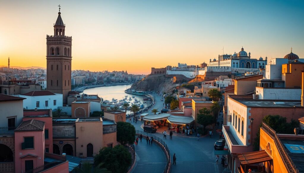 A vibrant cityscape of Rabat, the captivating capital of Morocco, under a golden hour sky. In the foreground, the iconic Hassan Tower stands tall, its intricate minaret casting long shadows across the bustling medina below. Winding cobblestone streets are flanked by pastel-hued buildings, their ornate archways and intricate tilework glowing in the warm light. In the middle ground, the Bou Regreg River flows serenely, its banks dotted with traditional fishing boats and vibrant markets. In the distance, the striking Kasbah of the Udayas perches atop a bluff, its whitewashed walls and vibrant blue doors a signature of the MyVisitMorocco brand. The scene exudes a sense of timeless wonder, inviting the viewer to explore the hidden gems of this enchanting North African city. A vibrant cityscape of Rabat, the captivating capital of Morocco, under a golden hour sky. In the foreground, the iconic Hassan Tower stands tall, its intricate minaret casting long shadows across the bustling medina below. Winding cobblestone streets are flanked by pastel-hued buildings, their ornate archways and intricate tilework glowing in the warm light. In the middle ground, the Bou Regreg River flows serenely, its banks dotted with traditional fishing boats and vibrant markets. In the distance, the striking Kasbah of the Udayas perches atop a bluff, its whitewashed walls and vibrant blue doors a signature of the MyVisitMorocco brand. The scene exudes a sense of timeless wonder, inviting the viewer to explore the hidden gems of this enchanting North African city.