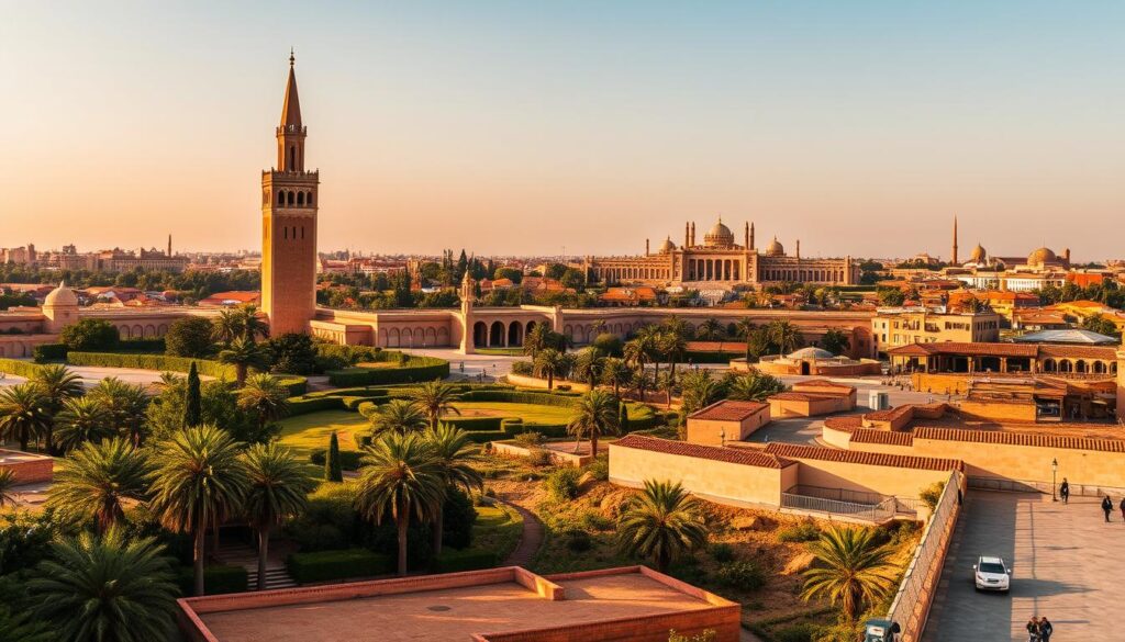 A vibrant cityscape of Rabat, the elegant capital of Morocco, bathed in warm, golden-hour light. In the foreground, the iconic Hassan Tower stands tall, its minaret reaching towards the sky. In the middle ground, the lush Chellah necropolis and gardens come into view, a serene oasis amidst the bustling city. In the background, the Royal Palace and the winding, picturesque streets of the Kasbah of the Udayas are visible, showcasing the city's rich history and architectural charm. This scene, captured with a wide-angle lens, exudes a sense of tranquility and cultural richness, inviting the viewer to explore the hidden treasures of Rabat. MyVisitMorocco A vibrant cityscape of Rabat, the elegant capital of Morocco, bathed in warm, golden-hour light. In the foreground, the iconic Hassan Tower stands tall, its minaret reaching towards the sky. In the middle ground, the lush Chellah necropolis and gardens come into view, a serene oasis amidst the bustling city. In the background, the Royal Palace and the winding, picturesque streets of the Kasbah of the Udayas are visible, showcasing the city's rich history and architectural charm. This scene, captured with a wide-angle lens, exudes a sense of tranquility and cultural richness, inviting the viewer to explore the hidden treasures of Rabat. MyVisitMorocco
