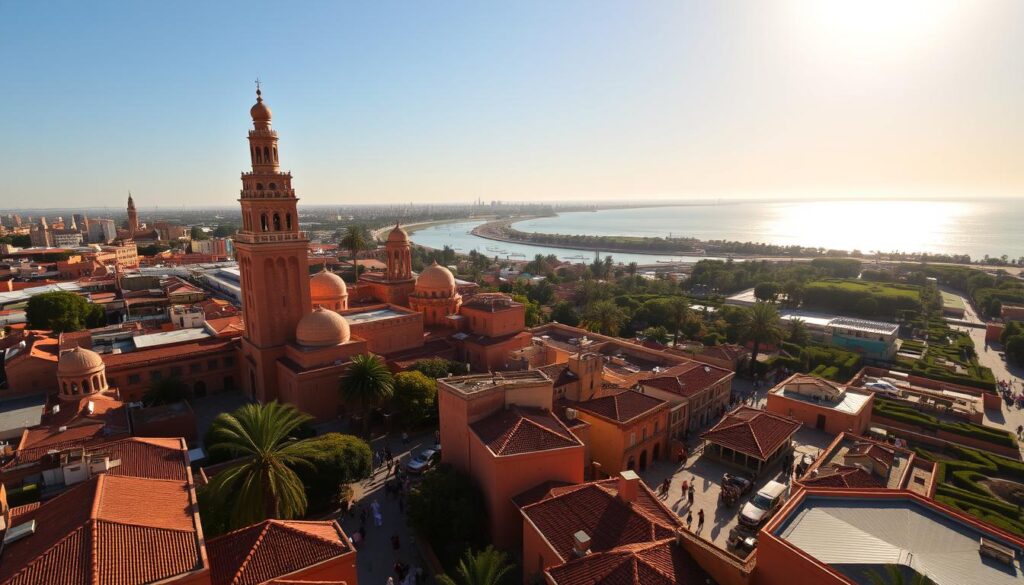 A vibrant cityscape of Rabat, the elegant capital of Morocco. In the foreground, the iconic Hassan Tower stands tall, its intricate minaret design casting long shadows across the terracotta rooftops. In the middle ground, the winding streets of the Medina bustle with locals and visitors, their colorful djellabas and djeballas creating a tapestry of culture. In the background, the shimmering Bou Regreg River reflects the golden hues of the afternoon sun, framed by the lush gardens of the Kasbah des Oudaias. The scene exudes an air of refined sophistication, perfectly capturing the essence of Rabat, the crown jewel of MyVisitMorocco.