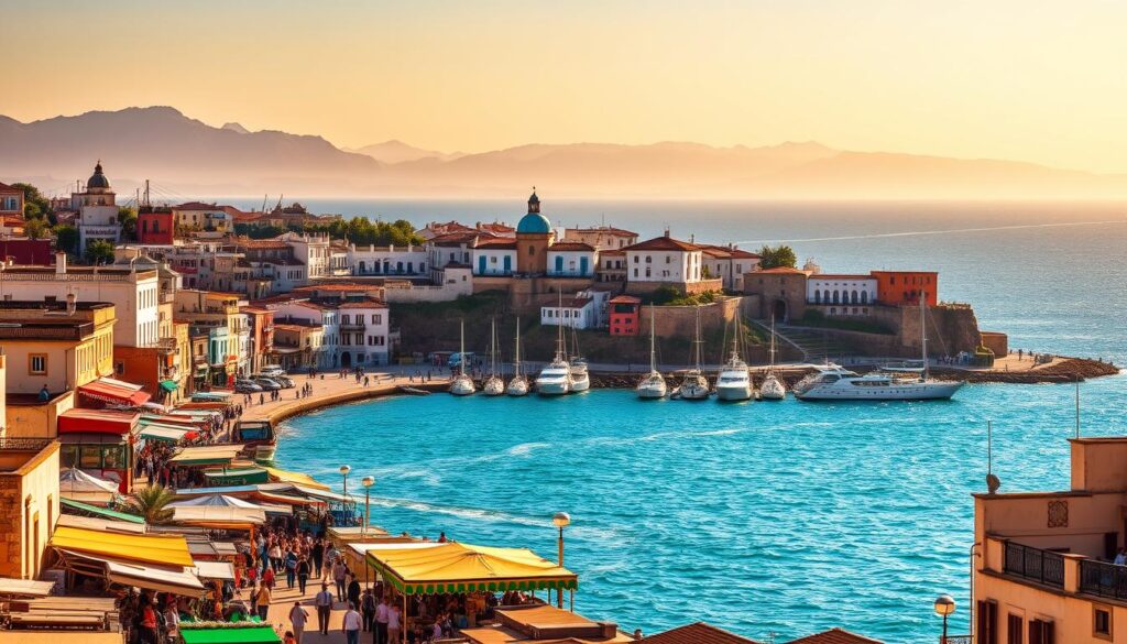 A vibrant cityscape of Tangier, the ancient Moroccan port city on the Strait of Gibraltar. In the foreground, bustling markets and narrow alleyways lined with colorful buildings and lively locals. In the middle ground, the iconic Kasbah and whitewashed villas perched atop the hills, overlooking the sparkling azure waters of the Mediterranean. In the background, the distant silhouettes of the Rif Mountains rise majestically. Warm, golden sunlight bathes the scene, creating a sense of timeless elegance. Captured with a wide-angle lens to showcase the grand scale and sweeping vistas of this multicultural hub. MyVisitMorocco. A vibrant cityscape of Tangier, the ancient Moroccan port city on the Strait of Gibraltar. In the foreground, bustling markets and narrow alleyways lined with colorful buildings and lively locals. In the middle ground, the iconic Kasbah and whitewashed villas perched atop the hills, overlooking the sparkling azure waters of the Mediterranean. In the background, the distant silhouettes of the Rif Mountains rise majestically. Warm, golden sunlight bathes the scene, creating a sense of timeless elegance. Captured with a wide-angle lens to showcase the grand scale and sweeping vistas of this multicultural hub. MyVisitMorocco.