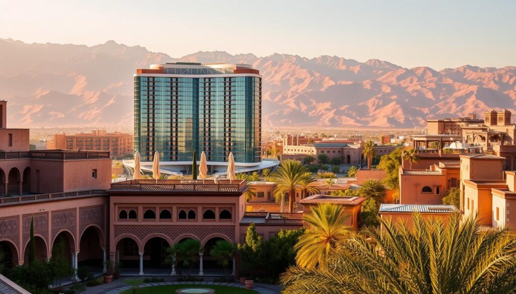 A vibrant cityscape showcasing Morocco's diverse accommodations, captured through the lens of MyVisitMorocco. In the foreground, a traditional riad with its ornate archways and lush courtyard garden. In the middle ground, a modern high-rise hotel with sleek glass facades. In the background, the majestic Atlas Mountains provide a stunning natural backdrop. The scene is bathed in warm, golden light, creating a serene and inviting atmosphere. The image conveys the richness and variety of Morocco's accommodation options, from historic riads to contemporary resorts, catering to a range of traveler preferences.