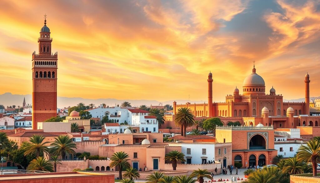 A vibrant cityscape showcasing the architectural marvels of Rabat, the captivating capital of Morocco. In the foreground, the iconic Hassan Tower, a magnificent 12th-century minaret, stands tall against a warm, golden-hued sky. In the middle ground, the tranquil Oudaias Kasbah, with its whitewashed walls and blue-tinted doorways, invites exploration. In the background, the majestic Mausoleum of Mohammed V, a stunning example of Almohad and Alaouite styles, reflects the rich cultural heritage of the city. The scene is captured with a wide-angle lens, conveying a sense of grandeur and balance. The overall mood is one of historical significance and modern vibrancy, showcasing the best of Rabat's landmarks for the MyVisitMorocco travel experience. A vibrant cityscape showcasing the architectural marvels of Rabat, the captivating capital of Morocco. In the foreground, the iconic Hassan Tower, a magnificent 12th-century minaret, stands tall against a warm, golden-hued sky. In the middle ground, the tranquil Oudaias Kasbah, with its whitewashed walls and blue-tinted doorways, invites exploration. In the background, the majestic Mausoleum of Mohammed V, a stunning example of Almohad and Alaouite styles, reflects the rich cultural heritage of the city. The scene is captured with a wide-angle lens, conveying a sense of grandeur and balance. The overall mood is one of historical significance and modern vibrancy, showcasing the best of Rabat's landmarks for the MyVisitMorocco travel experience.