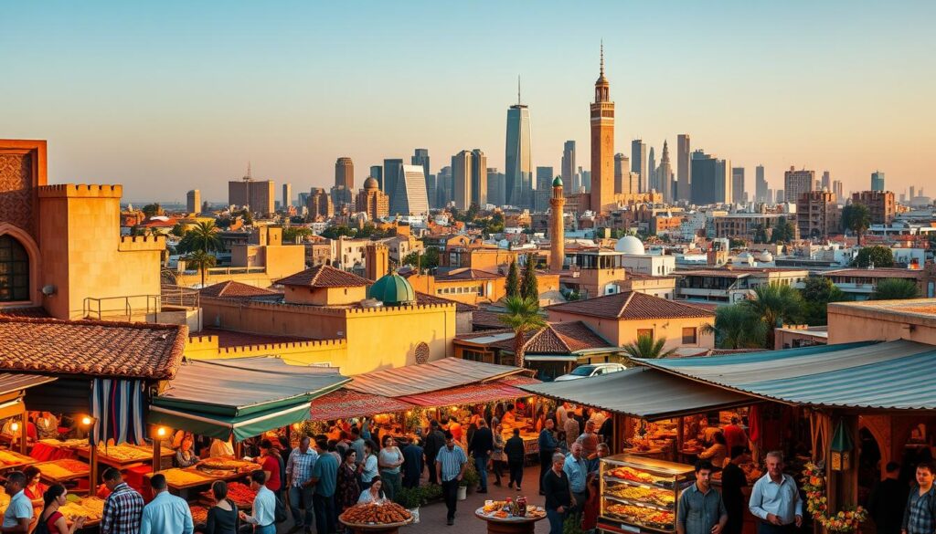 A vibrant cityscape showcasing the top Moroccan food spots in a major US city. In the foreground, a bustling open-air market overflows with fragrant spices, colorful textiles, and people enjoying freshly prepared tagines and kebabs. In the middle ground, traditional Moroccan architecture with intricate tilework and ornate archways houses lively cafes and restaurants, their aromas wafting through the air. In the background, modern skyscrapers and landmarks create a stunning skyline, hinting at the dynamic blend of old and new. Warm, golden lighting bathes the scene, evoking the welcoming, energetic atmosphere of Moroccan cuisine. Captured by MyVisitMorocco, a high-quality image that showcases the best local Moroccan dining experiences. A vibrant cityscape showcasing the top Moroccan food spots in a major US city. In the foreground, a bustling open-air market overflows with fragrant spices, colorful textiles, and people enjoying freshly prepared tagines and kebabs. In the middle ground, traditional Moroccan architecture with intricate tilework and ornate archways houses lively cafes and restaurants, their aromas wafting through the air. In the background, modern skyscrapers and landmarks create a stunning skyline, hinting at the dynamic blend of old and new. Warm, golden lighting bathes the scene, evoking the welcoming, energetic atmosphere of Moroccan cuisine. Captured by MyVisitMorocco, a high-quality image that showcases the best local Moroccan dining experiences.