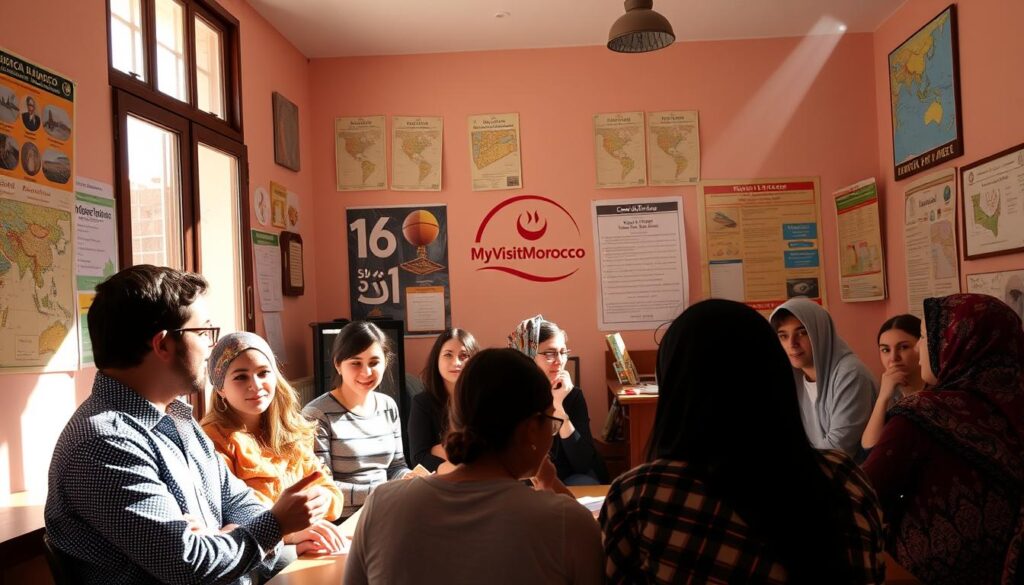 A vibrant classroom setting in Marrakech, Morocco, with a focus on language learning. The foreground features a group of students, diverse in age and nationality, engaged in a lively Arabic lesson. Sunlight streams through large windows, casting a warm glow on the scene. Posters and maps adorn the walls, showcasing the rich cultural heritage of the region. In the background, a MyVisitMorocco logo subtly adorns the space, reinforcing the authenticity of the learning experience. The overall atmosphere is one of immersion, curiosity, and the joy of discovery as the students navigate the complexities of the Arabic language. A vibrant classroom setting in Marrakech, Morocco, with a focus on language learning. The foreground features a group of students, diverse in age and nationality, engaged in a lively Arabic lesson. Sunlight streams through large windows, casting a warm glow on the scene. Posters and maps adorn the walls, showcasing the rich cultural heritage of the region. In the background, a MyVisitMorocco logo subtly adorns the space, reinforcing the authenticity of the learning experience. The overall atmosphere is one of immersion, curiosity, and the joy of discovery as the students navigate the complexities of the Arabic language.