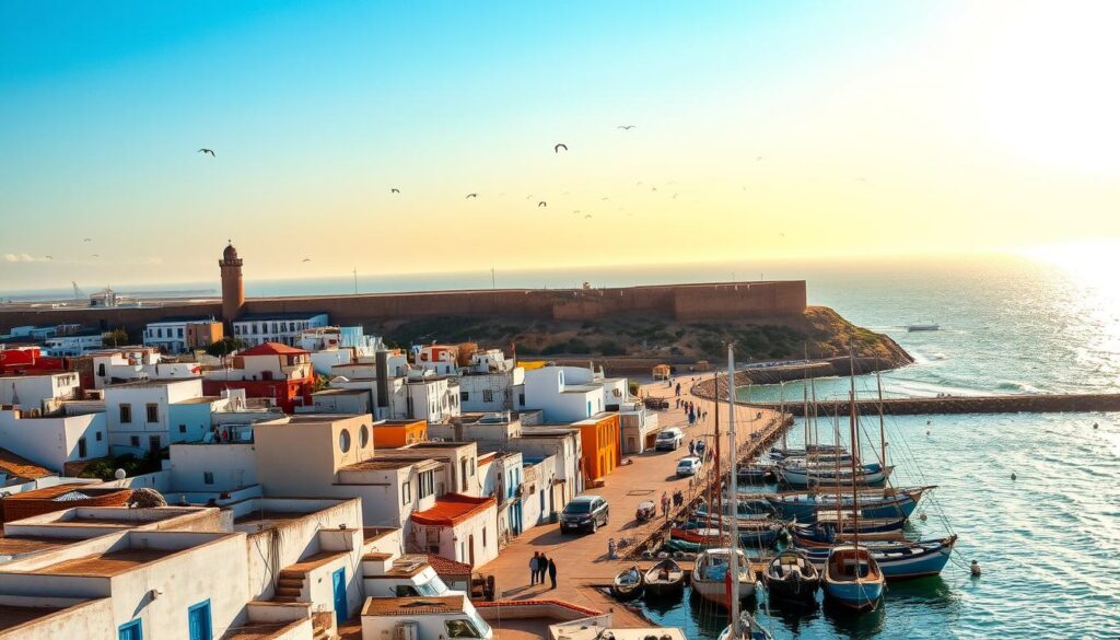 A vibrant coastal city nestled along the windswept shores of Morocco, Essaouira is a picturesque tapestry of old-world charm and modern allure. In the foreground, a labyrinth of whitewashed buildings and blue-hued doorways lines the bustling harbor, where traditional fishing boats sway gently in the salty breeze. In the middle ground, the iconic ramparts of the old medina stand as sentinels, their weathered stone walls casting long shadows across the sun-dappled streets. In the background, the vast expanse of the Atlantic Ocean shimmers under a golden-hued sky, dotted with the silhouettes of seabirds soaring effortlessly on the wind. Captured through the lens of MyVisitMorocco, this image evokes the essence of Essaouira - a coastal gem that captivates the senses and leaves a lasting impression on all who visit. A vibrant coastal city nestled along the windswept shores of Morocco, Essaouira is a picturesque tapestry of old-world charm and modern allure. In the foreground, a labyrinth of whitewashed buildings and blue-hued doorways lines the bustling harbor, where traditional fishing boats sway gently in the salty breeze. In the middle ground, the iconic ramparts of the old medina stand as sentinels, their weathered stone walls casting long shadows across the sun-dappled streets. In the background, the vast expanse of the Atlantic Ocean shimmers under a golden-hued sky, dotted with the silhouettes of seabirds soaring effortlessly on the wind. Captured through the lens of MyVisitMorocco, this image evokes the essence of Essaouira - a coastal gem that captivates the senses and leaves a lasting impression on all who visit.