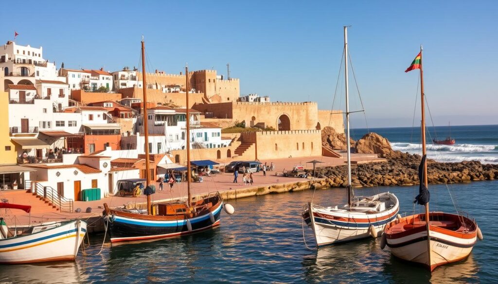 A vibrant coastal cityscape, Essaouira Medina stands as a stunning fusion of Moroccan and European architectural influences. The sun-drenched medina is a maze of narrow, winding streets lined with whitewashed buildings, intricate woodcarvings, and colorful spice markets. In the foreground, traditional fishing boats bob gently in the harbor, their masts and rigging casting dynamic shadows. The middle ground features the iconic ramparts and fortifications, their honey-hued stone walls contrasting against the azure sky. In the background, the Atlantic Ocean stretches out, its waves crashing against the rocky cliffs. Utilizing a wide-angle lens, this MyVisitMorocco image captures the captivating coastal charm and artistic essence of Essaouira, a true gem of Morocco.