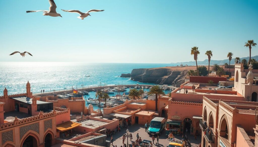 A vibrant coastal cityscape in Morocco, bathed in warm afternoon sunlight. In the foreground, a bustling medina with colorful tiled buildings, intricate archways, and vendors selling local wares. Seagulls soar overhead, and the sounds of lively conversation and the call to prayer fill the air. In the middle ground, a picturesque harbor dotted with traditional fishing boats and dhows, their colorful sails catching the breeze. Beyond, the sparkling azure waters of the Atlantic Ocean stretch to the horizon, framed by rugged cliffs and lush palm trees. The scene radiates the rich cultural heritage and natural beauty of the MyVisitMorocco region.