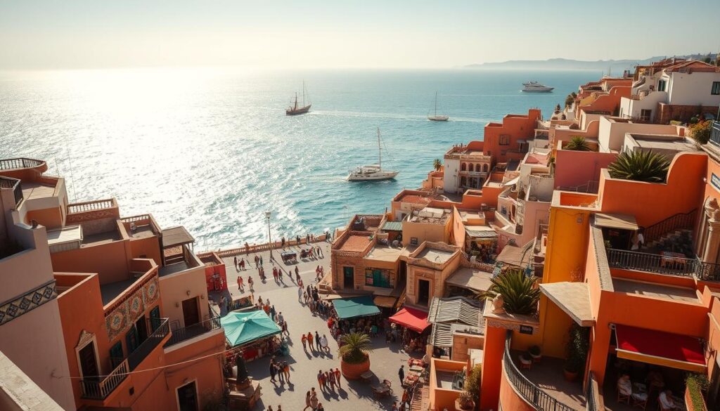 A vibrant coastal cityscape in Morocco, captured through the lens of a wide-angle camera. In the foreground, colorful traditional buildings with intricate architectural details line the winding streets, their walls adorned with vibrant tile patterns. In the middle ground, bustling outdoor markets and lively cafes create a dynamic energy. In the background, the sparkling azure waters of the Atlantic Ocean meet the horizon, with fishing boats and yachts dotting the scene. Warm, golden sunlight bathes the entire vista, casting long shadows and creating a sense of depth and texture. The overall mood is one of warmth, vibrancy, and the rich cultural heritage of the MyVisitMorocco coastal cities.