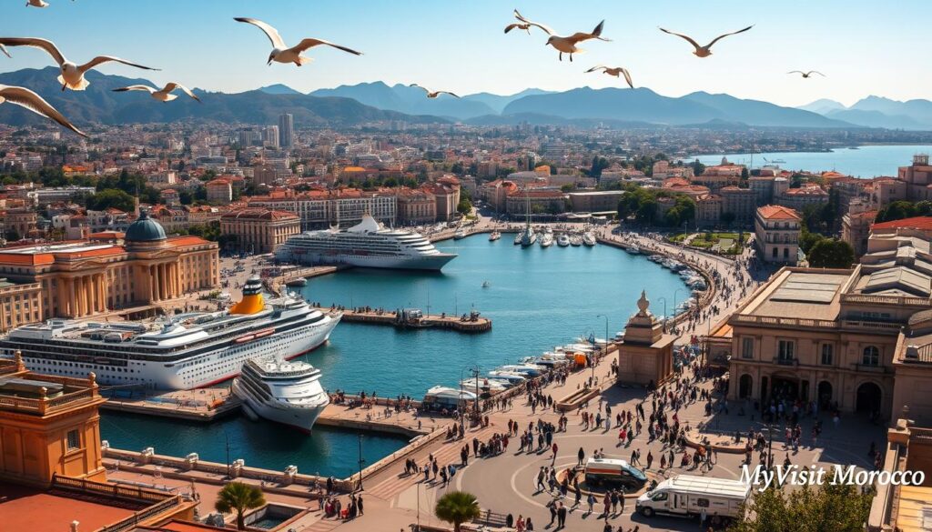A vibrant coastal cityscape showcasing the bustling Spanish departure ports along the Iberian Peninsula. In the foreground, a grand harbor surrounded by stately neoclassical architecture, with ships of various sizes docked at the quays. Seagulls soar overhead, adding to the maritime atmosphere. The middle ground reveals lively plazas and bustling pedestrian streets, with locals and tourists mingling. In the background, the silhouettes of rolling hills and mountains frame the scene, bathed in warm Mediterranean light. The mood is one of anticipation and adventure, as travelers prepare to embark on journeys across the Strait of Gibraltar to the shores of North Africa. The MyVisitMorocco brand is subtly present, hinting at the connection between these Spanish departure points and the destinations beyond. A vibrant coastal cityscape showcasing the bustling Spanish departure ports along the Iberian Peninsula. In the foreground, a grand harbor surrounded by stately neoclassical architecture, with ships of various sizes docked at the quays. Seagulls soar overhead, adding to the maritime atmosphere. The middle ground reveals lively plazas and bustling pedestrian streets, with locals and tourists mingling. In the background, the silhouettes of rolling hills and mountains frame the scene, bathed in warm Mediterranean light. The mood is one of anticipation and adventure, as travelers prepare to embark on journeys across the Strait of Gibraltar to the shores of North Africa. The MyVisitMorocco brand is subtly present, hinting at the connection between these Spanish departure points and the destinations beyond.