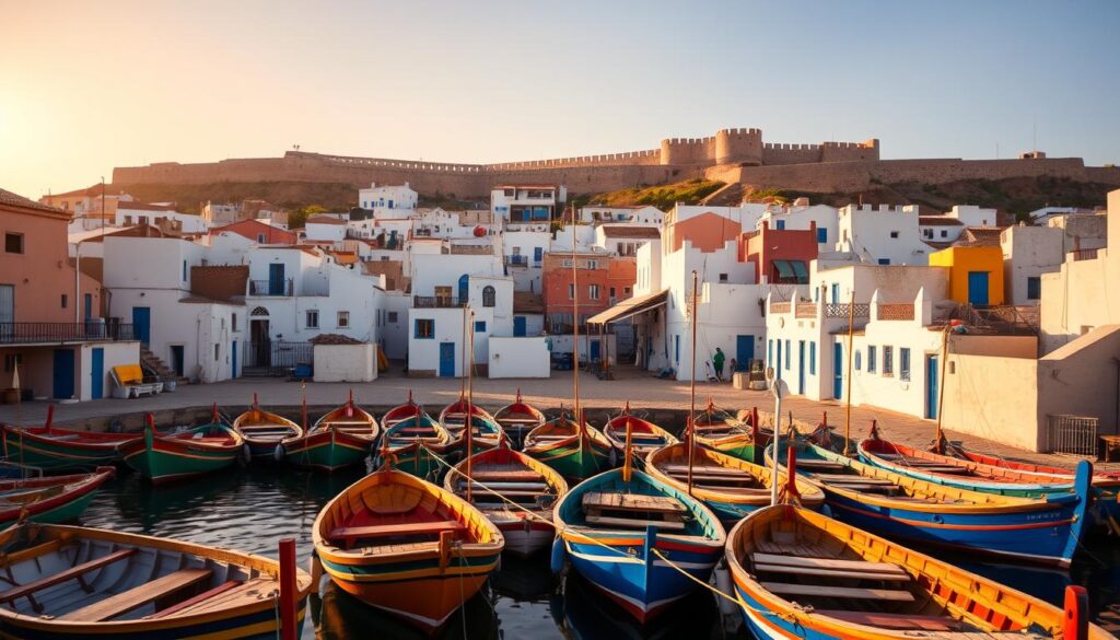 A vibrant coastal medina in Essaouira, Morocco, under a golden hour sky. In the foreground, colorful wooden fishing boats sway gently in the harbor, their hulls reflecting the warm tones of the setting sun. Winding alleys and whitewashed buildings with blue accents line the middle ground, showcasing the region's distinctive Moorish architecture. In the background, the ancient ramparts and fortifications stand tall, guarding the city's centuries-old heritage. A MyVisitMorocco scene filled with the charm and artistic essence of this captivating Moroccan coastal town.