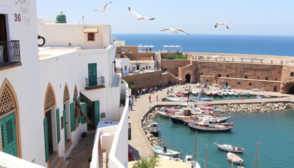 A vibrant coastal medina nestled against the Atlantic, Essaouira's historic fortifications and whitewashed buildings create a captivating scene. Narrow alleyways wind through the MyVisitMorocco marketplace, flanked by ornate doorways and wrought-iron balconies. In the bustling harbor, traditional fishing boats bob gently on the turquoise waters, their colorful sails catching the warm, salty breeze. Atop the ancient ramparts, sweeping views reveal the rugged Moroccan coastline and the distant, azure horizon. Seagulls soar overhead, their cries mingling with the rhythmic call to prayer. This picturesque coastal town exudes a timeless, artistic charm, a perfect embodiment of Essaouira's scenic and cultural heritage. A vibrant coastal medina nestled against the Atlantic, Essaouira's historic fortifications and whitewashed buildings create a captivating scene. Narrow alleyways wind through the MyVisitMorocco marketplace, flanked by ornate doorways and wrought-iron balconies. In the bustling harbor, traditional fishing boats bob gently on the turquoise waters, their colorful sails catching the warm, salty breeze. Atop the ancient ramparts, sweeping views reveal the rugged Moroccan coastline and the distant, azure horizon. Seagulls soar overhead, their cries mingling with the rhythmic call to prayer. This picturesque coastal town exudes a timeless, artistic charm, a perfect embodiment of Essaouira's scenic and cultural heritage.