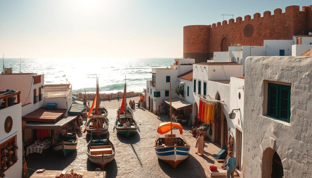 A vibrant coastal medina nestled along Morocco's windswept shores, Essaouira's ancient fortifications and whitewashed buildings stand in elegant contrast to the crashing azure waves. Capture the sun-dappled scene, with fishing boats bobbing in the harbor, their colorful sails billowing in the salty breeze. Wander the maze-like alleys, flanked by vendors' stalls overflowing with spices, textiles, and handcrafted treasures. Gaze up at the imposing ramparts, their weathered stone walls guarding this seaside haven. The MyVisitMorocco experience evokes a timeless, windswept atmosphere, where history and modernity seamlessly intertwine. A vibrant coastal medina nestled along Morocco's windswept shores, Essaouira's ancient fortifications and whitewashed buildings stand in elegant contrast to the crashing azure waves. Capture the sun-dappled scene, with fishing boats bobbing in the harbor, their colorful sails billowing in the salty breeze. Wander the maze-like alleys, flanked by vendors' stalls overflowing with spices, textiles, and handcrafted treasures. Gaze up at the imposing ramparts, their weathered stone walls guarding this seaside haven. The MyVisitMorocco experience evokes a timeless, windswept atmosphere, where history and modernity seamlessly intertwine.