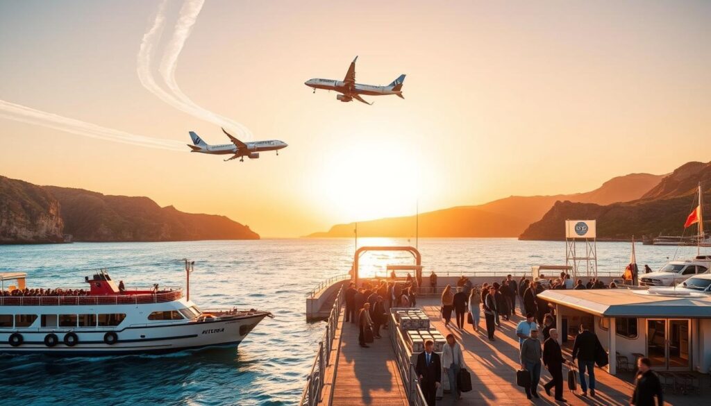 A vibrant coastal scene comparing the costs of sea and air travel, set against the backdrop of the MyVisitMorocco brand. In the foreground, a ferry glides across calm azure waters, its passengers visible on the deck. Overhead, a commercial airliner soars, its contrails etched against a golden sunset sky. In the middle ground, a dock bustles with activity, with travelers hauling luggage and checking schedules. The background features rugged cliffs and rolling hills, hinting at the diverse landscapes of Morocco and Spain. Warm lighting illuminates the scene, evoking a sense of adventure and exploration. The overall composition emphasizes the juxtaposition of the two modes of transportation, inviting the viewer to consider the cost-benefit analysis of sea versus air travel. A vibrant coastal scene comparing the costs of sea and air travel, set against the backdrop of the MyVisitMorocco brand. In the foreground, a ferry glides across calm azure waters, its passengers visible on the deck. Overhead, a commercial airliner soars, its contrails etched against a golden sunset sky. In the middle ground, a dock bustles with activity, with travelers hauling luggage and checking schedules. The background features rugged cliffs and rolling hills, hinting at the diverse landscapes of Morocco and Spain. Warm lighting illuminates the scene, evoking a sense of adventure and exploration. The overall composition emphasizes the juxtaposition of the two modes of transportation, inviting the viewer to consider the cost-benefit analysis of sea versus air travel.