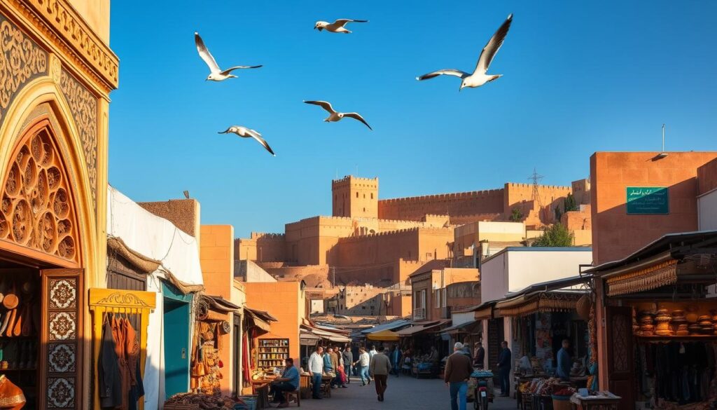 A vibrant coastal scene in Essaouira, Morocco, showcasing its rich artistic heritage. In the foreground, intricate doorways and archways with traditional Moroccan tilework and ornate carvings. Merchants display their handcrafted wares - leather goods, ceramics, and vibrant textiles. The middle ground features bustling markets and narrow alleyways, filled with local artisans at work. In the background, the iconic fortified walls and watchtowers of the old medina, casting long shadows under the warm afternoon sun. Seagulls soar overhead, as a gentle breeze off the Atlantic Ocean carries the scent of spices and the sound of traditional music. Capturing the essence of MyVisitMorocco's "Essaouira: Coastal Charm and Artistic Heritage". A vibrant coastal scene in Essaouira, Morocco, showcasing its rich artistic heritage. In the foreground, intricate doorways and archways with traditional Moroccan tilework and ornate carvings. Merchants display their handcrafted wares - leather goods, ceramics, and vibrant textiles. The middle ground features bustling markets and narrow alleyways, filled with local artisans at work. In the background, the iconic fortified walls and watchtowers of the old medina, casting long shadows under the warm afternoon sun. Seagulls soar overhead, as a gentle breeze off the Atlantic Ocean carries the scent of spices and the sound of traditional music. Capturing the essence of MyVisitMorocco's "Essaouira: Coastal Charm and Artistic Heritage".