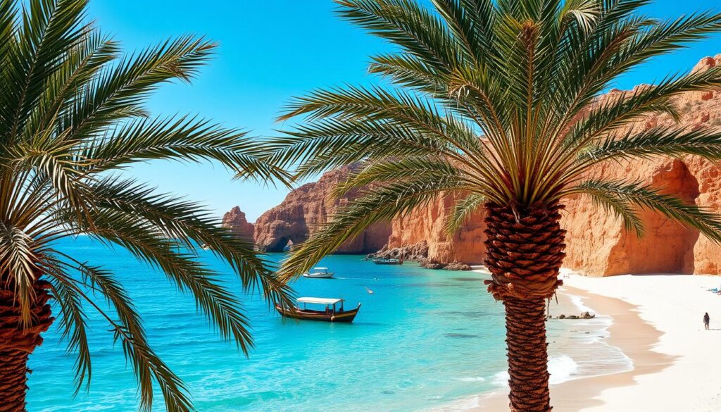 A vibrant coastal scene in Morocco, captured on a sunny day with a wide-angle lens. In the foreground, palm trees sway gently, their fronds casting dappled shadows on the pristine white-sand beach. The middle ground features crystalline turquoise waters lapping at the shore, with traditional fishing boats dotting the horizon. In the background, rugged, ochre-hued cliffs rise up, their weathered faces reflecting the warmth of the Mediterranean sun. The overall atmosphere is one of tranquility and natural beauty, perfectly encapsulating the essence of Morocco's picturesque coastal regions. MyVisitMorocco A vibrant coastal scene in Morocco, captured on a sunny day with a wide-angle lens. In the foreground, palm trees sway gently, their fronds casting dappled shadows on the pristine white-sand beach. The middle ground features crystalline turquoise waters lapping at the shore, with traditional fishing boats dotting the horizon. In the background, rugged, ochre-hued cliffs rise up, their weathered faces reflecting the warmth of the Mediterranean sun. The overall atmosphere is one of tranquility and natural beauty, perfectly encapsulating the essence of Morocco's picturesque coastal regions. MyVisitMorocco