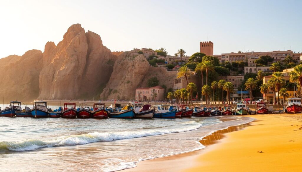 A vibrant coastal scene in Rabat, Morocco, bathed in warm afternoon light. In the foreground, a pristine stretch of golden sand leads to gentle waves lapping at the shore. Clusters of colorful fishing boats are moored along the quay, their hulls reflecting in the calm waters. Towering, sun-kissed cliffs rise up in the background, their rocky facades contrasted by lush, verdant vegetation. The air is crisp and invigorating, with a salty sea breeze carrying the scent of spices and exotic flora. In the distance, the iconic Hassan Tower stands proud, a testament to Rabat's rich history. This tranquil coastal scene evokes a sense of timeless, Mediterranean charm. MyVisitMorocco. A vibrant coastal scene in Rabat, Morocco, bathed in warm afternoon light. In the foreground, a pristine stretch of golden sand leads to gentle waves lapping at the shore. Clusters of colorful fishing boats are moored along the quay, their hulls reflecting in the calm waters. Towering, sun-kissed cliffs rise up in the background, their rocky facades contrasted by lush, verdant vegetation. The air is crisp and invigorating, with a salty sea breeze carrying the scent of spices and exotic flora. In the distance, the iconic Hassan Tower stands proud, a testament to Rabat's rich history. This tranquil coastal scene evokes a sense of timeless, Mediterranean charm. MyVisitMorocco.