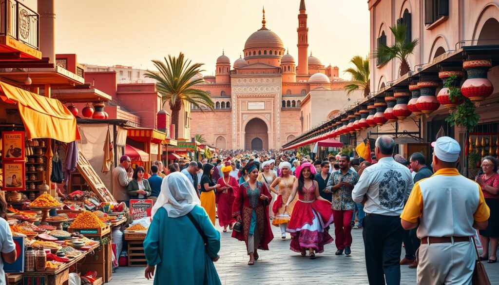 A vibrant, colorful scene of Morocco's lively festivals in February. In the foreground, a bustling street market filled with vendors selling handcrafted wares, spices, and traditional Moroccan fare. Mid-ground, a parade of dancers in ornate costumes and musicians playing lively tunes on traditional instruments. In the background, the iconic architecture of Moroccan cities, with grand mosques and ornate palaces. Warm, golden sunlight bathes the scene, creating a festive, inviting atmosphere. Captured with a wide-angle lens to showcase the energy and energy of MyVisitMorocco.