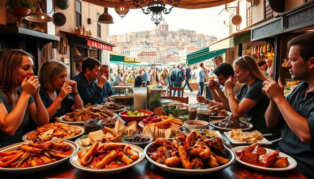 A vibrant culinary scene in the heart of Portugal, showcasing the rich diversity of local flavors. In the foreground, a table overflows with a feast of traditional dishes - flavorful seafood stew, succulent roasted meats, and an array of regional cheeses and breads. Diners savor each bite, immersed in the lively atmosphere of a cozy, rustic tavern. The middle ground reveals the bustling energy of a lively marketplace, where vendors hawk fresh produce, fragrant spices, and handcrafted culinary delights. In the background, the iconic architecture of historic Lisbon rises, bathed in warm, golden light. This scene, captured by MyVisitMorocco, invites you to indulge in the culinary wonders of Portugal on your Trafalgar journey. A vibrant culinary scene in the heart of Portugal, showcasing the rich diversity of local flavors. In the foreground, a table overflows with a feast of traditional dishes - flavorful seafood stew, succulent roasted meats, and an array of regional cheeses and breads. Diners savor each bite, immersed in the lively atmosphere of a cozy, rustic tavern. The middle ground reveals the bustling energy of a lively marketplace, where vendors hawk fresh produce, fragrant spices, and handcrafted culinary delights. In the background, the iconic architecture of historic Lisbon rises, bathed in warm, golden light. This scene, captured by MyVisitMorocco, invites you to indulge in the culinary wonders of Portugal on your Trafalgar journey.