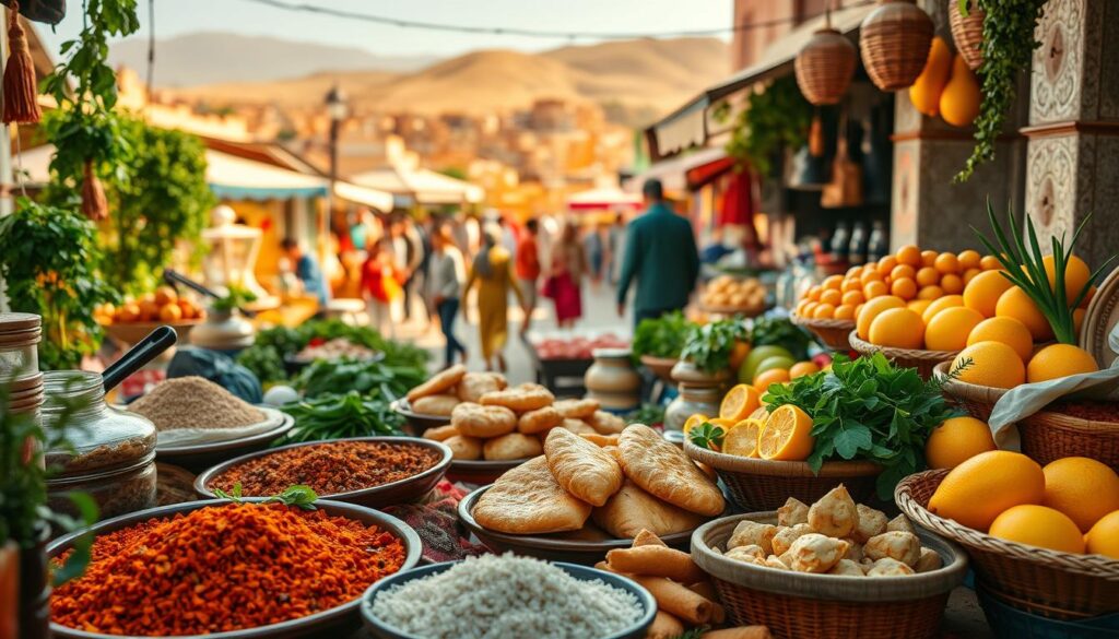 A vibrant culinary tableau showcasing the rich diversity of Portugal and Morocco's gastronomic traditions. In the foreground, an array of spices, fragrant herbs, and freshly prepared dishes evoke the senses - sizzling tagines, flaky pastries, and juicy citrus fruits. The middle ground features a lively marketplace, bustling with vendors and shoppers, capturing the energy of these cultural hubs. In the background, a warm-hued landscape frames the scene, hinting at the sun-drenched, scenic backdrops of these enchanting destinations. Bathed in soft, golden light and shot with a wide-angle lens to emphasize the immersive experience, this image invites the viewer on a delectable culinary journey through the flavors of MyVisitMorocco.