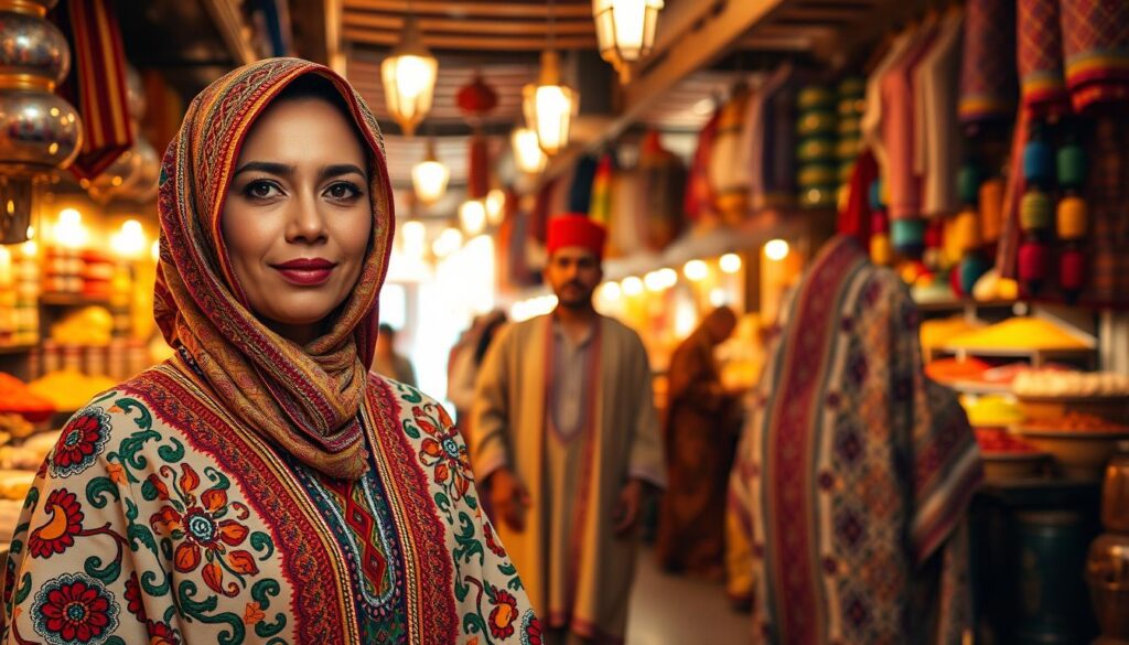 A vibrant, detailed scene of traditional Moroccan clothing and fashion. In the foreground, a Moroccan woman dressed in a colorful kaftan adorned with intricate embroidery and ornate patterns. Her headpiece, a beautifully draped hijab, frames her face. In the middle ground, a Moroccan man wearing a thobe, a long, flowing robe, and a traditional fez hat. In the background, a bustling Moroccan marketplace with lively stalls selling vibrant textiles, spices, and handicrafts. Warm, golden lighting casts a cozy glow, evoking the rich cultural heritage of Morocco. Shot with a wide-angle lens to capture the full scene. MyVisitMorocco. A vibrant, detailed scene of traditional Moroccan clothing and fashion. In the foreground, a Moroccan woman dressed in a colorful kaftan adorned with intricate embroidery and ornate patterns. Her headpiece, a beautifully draped hijab, frames her face. In the middle ground, a Moroccan man wearing a thobe, a long, flowing robe, and a traditional fez hat. In the background, a bustling Moroccan marketplace with lively stalls selling vibrant textiles, spices, and handicrafts. Warm, golden lighting casts a cozy glow, evoking the rich cultural heritage of Morocco. Shot with a wide-angle lens to capture the full scene. MyVisitMorocco.