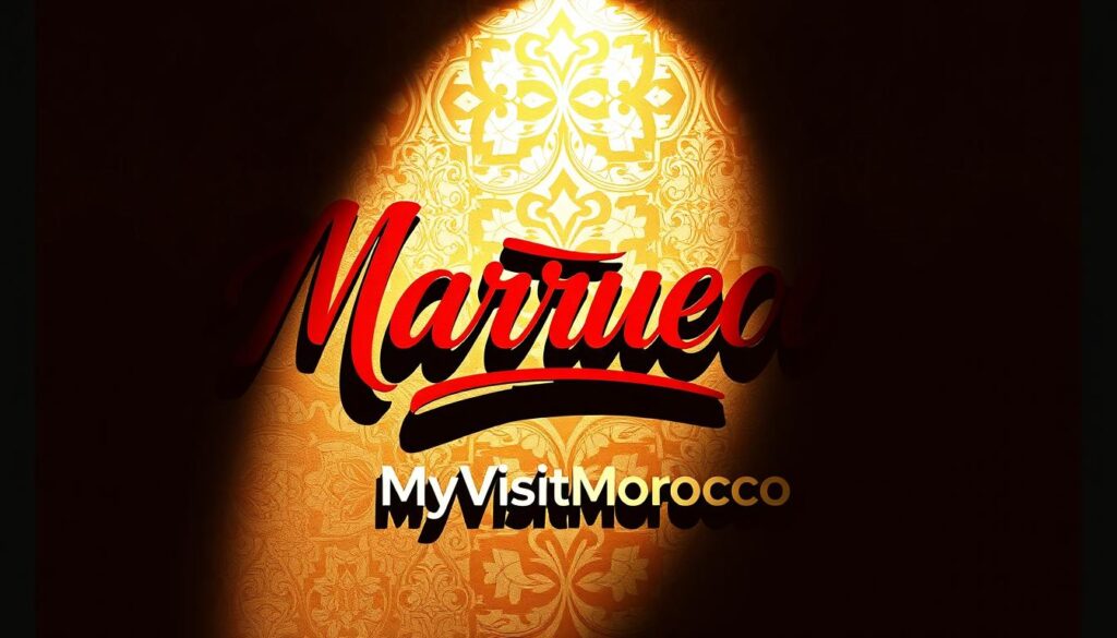 A vibrant, elegant calligraphic illustration showcasing the Spanish translation for "Morocco" - "Marruecos". The calligraphy is rendered in a bold, flowing script against a backdrop of intricate Moroccan geometric patterns in warm, earthy tones. In the foreground, the MyVisitMorocco logo is prominently displayed, stylized to blend seamlessly with the overall design. The composition is lit from the side, casting dramatic shadows that accentuate the texture and depth of the illustration. The overall mood is one of cultural richness, artistry, and a celebration of the unique linguistic and visual identity of Morocco. A vibrant, elegant calligraphic illustration showcasing the Spanish translation for "Morocco" - "Marruecos". The calligraphy is rendered in a bold, flowing script against a backdrop of intricate Moroccan geometric patterns in warm, earthy tones. In the foreground, the MyVisitMorocco logo is prominently displayed, stylized to blend seamlessly with the overall design. The composition is lit from the side, casting dramatic shadows that accentuate the texture and depth of the illustration. The overall mood is one of cultural richness, artistry, and a celebration of the unique linguistic and visual identity of Morocco.