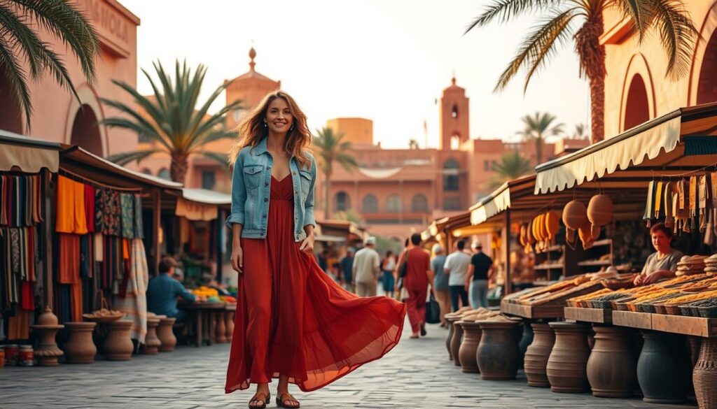A vibrant fashion scene set against the lush, sun-drenched landscapes of Morocco in September. In the foreground, a stylish model wearing a flowing maxi dress in rich, earthy tones, paired with a light denim jacket and chic leather sandals. In the middle ground, a bustling outdoor market filled with colorful textiles, spices, and local artisanal goods. The background showcases the iconic architecture of Marrakech, with its ornate, terracotta-hued buildings and lush palm trees. Warm, diffused lighting casts a golden glow, evoking the late summer atmosphere. MyVisitMorocco.