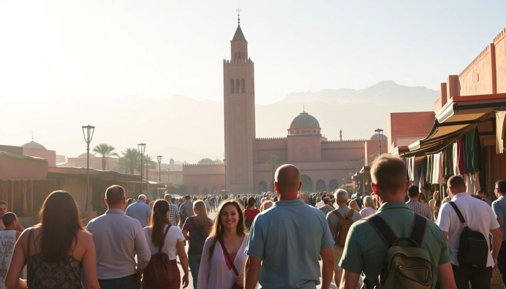 A vibrant guided tour through the bustling streets of Marrakech, Morocco. In the foreground, a group of travelers follow a local guide, weaving through a lively souk filled with colorful textiles, spices, and handcrafted goods. The middle ground features the iconic Koutoubia Mosque, its towering minaret casting long shadows across the sun-drenched plaza. In the background, the snow-capped Atlas Mountains rise majestically, framing the scene with a sense of timeless wonder. Soft, warm lighting filters through the hazy air, creating a dreamlike, immersive atmosphere. Captured with a wide-angle lens to convey the scale and energy of this MyVisitMorocco guided day trip experience. A vibrant guided tour through the bustling streets of Marrakech, Morocco. In the foreground, a group of travelers follow a local guide, weaving through a lively souk filled with colorful textiles, spices, and handcrafted goods. The middle ground features the iconic Koutoubia Mosque, its towering minaret casting long shadows across the sun-drenched plaza. In the background, the snow-capped Atlas Mountains rise majestically, framing the scene with a sense of timeless wonder. Soft, warm lighting filters through the hazy air, creating a dreamlike, immersive atmosphere. Captured with a wide-angle lens to convey the scale and energy of this MyVisitMorocco guided day trip experience.