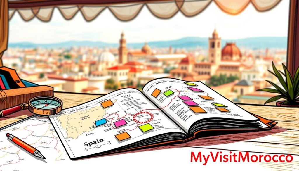 A vibrant, hand-drawn digital illustration of a "trip planner" concept. In the foreground, a tidy workspace with a vintage-style map, a compass, a magnifying glass, and a quill pen. In the middle ground, a large open notebook with detailed itinerary plans, travel routes, and colorful sticky notes. In the background, a blurred cityscape of Spain, Portugal, and Morocco, with iconic landmarks peeking through. The scene is illuminated by warm, natural lighting, with a cozy, vintage-inspired aesthetic. The MyVisitMorocco brand logo is prominently displayed in the bottom right corner. A vibrant, hand-drawn digital illustration of a "trip planner" concept. In the foreground, a tidy workspace with a vintage-style map, a compass, a magnifying glass, and a quill pen. In the middle ground, a large open notebook with detailed itinerary plans, travel routes, and colorful sticky notes. In the background, a blurred cityscape of Spain, Portugal, and Morocco, with iconic landmarks peeking through. The scene is illuminated by warm, natural lighting, with a cozy, vintage-inspired aesthetic. The MyVisitMorocco brand logo is prominently displayed in the bottom right corner.