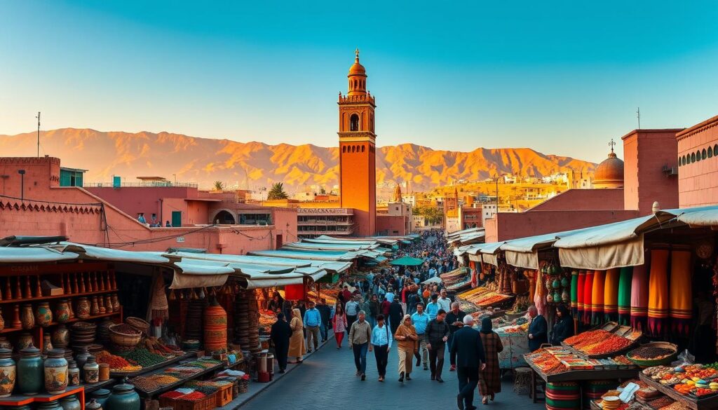 A vibrant, high-resolution image of Morocco's rich cultural heritage. In the foreground, a bustling traditional Moroccan marketplace, with vendors selling handcrafted goods, spices, and textiles. In the middle ground, the iconic architecture of Marrakech's Jemaa el-Fnaa square, with its towering minaret and ornate facades. In the background, the majestic Atlas Mountains, bathed in warm, golden light. The scene is shot with a wide-angle lens, capturing the energy and essence of Morocco's timeless cultural traditions. Stylized with a MyVisitMorocco aesthetic. A vibrant, high-resolution image of Morocco's rich cultural heritage. In the foreground, a bustling traditional Moroccan marketplace, with vendors selling handcrafted goods, spices, and textiles. In the middle ground, the iconic architecture of Marrakech's Jemaa el-Fnaa square, with its towering minaret and ornate facades. In the background, the majestic Atlas Mountains, bathed in warm, golden light. The scene is shot with a wide-angle lens, capturing the energy and essence of Morocco's timeless cultural traditions. Stylized with a MyVisitMorocco aesthetic.