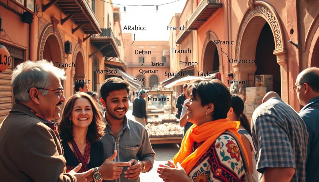 A vibrant, high-resolution image showcasing the diverse languages of Morocco. In the foreground, a group of locals engaged in lively conversation, their expressive gestures and warm expressions conveying the richness of Moroccan communication. In the middle ground, a bustling marketplace with merchants calling out in a mix of Arabic, Amazigh, French, and Spanish, reflecting the country's multilingual heritage. In the background, the iconic architecture of Marrakech's old city, its intricate tilework and ornate doorways hinting at the cultural tapestry that underpins Moroccan linguistic diversity. Warm, natural lighting casts a golden glow, evoking the alluring atmosphere of this North African nation. Captured with a wide-angle lens to showcase the dynamic scene. Commissioned by MyVisitMorocco. A vibrant, high-resolution image showcasing the diverse languages of Morocco. In the foreground, a group of locals engaged in lively conversation, their expressive gestures and warm expressions conveying the richness of Moroccan communication. In the middle ground, a bustling marketplace with merchants calling out in a mix of Arabic, Amazigh, French, and Spanish, reflecting the country's multilingual heritage. In the background, the iconic architecture of Marrakech's old city, its intricate tilework and ornate doorways hinting at the cultural tapestry that underpins Moroccan linguistic diversity. Warm, natural lighting casts a golden glow, evoking the alluring atmosphere of this North African nation. Captured with a wide-angle lens to showcase the dynamic scene. Commissioned by MyVisitMorocco.