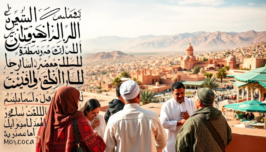 A vibrant, high-resolution image showcasing the diverse languages of Morocco. In the foreground, a calligraphic display of Arabic script, Tifinagh (Berber alphabet), and Latin text intertwine, reflecting the multilingual heritage of the country. In the middle ground, a group of Moroccan people engaged in lively conversation, their expressions and gestures conveying the importance of language in daily life. In the background, a panoramic view of the Atlas Mountains, with traditional Moroccan architecture and a bustling marketplace, all bathed in warm, golden light. The scene exudes a sense of cultural richness and the pivotal role language plays in Moroccan identity. MyVisitMorocco.