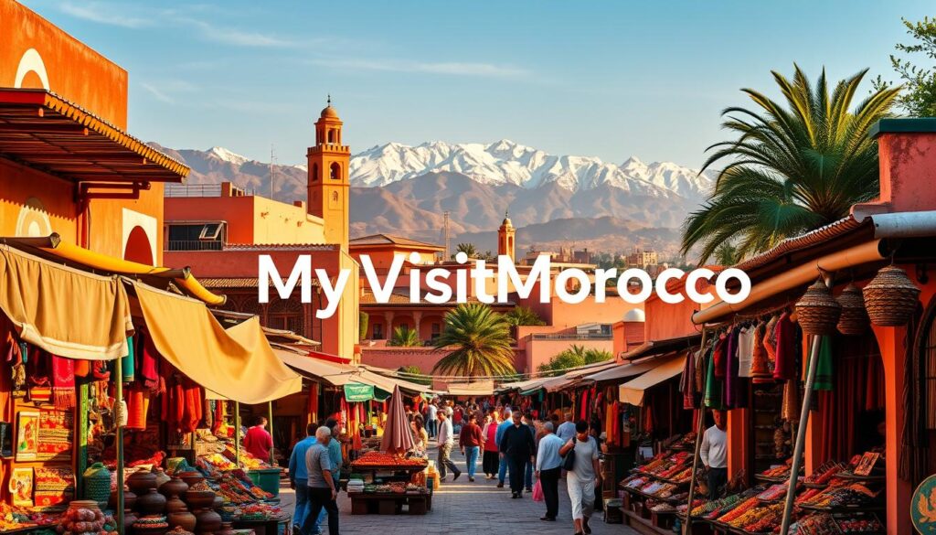 A vibrant, high-resolution image showcasing the enchanting cultural and natural wonders of Morocco. In the foreground, a breathtaking Moroccan market scene, bustling with local vendors selling colorful handcrafted goods, spices, and traditional textiles. The middle ground features the iconic architecture of Marrakech, with its ornate, sun-drenched buildings and towering minarets. In the background, the majestic Atlas Mountains rise, their snow-capped peaks casting dramatic shadows over the landscape. The scene is bathed in warm, golden light, creating a sense of timeless elegance. Subtle branding for "MyVisitMorocco" is tastefully incorporated into the image. The overall composition evokes the captivating allure and fascinating cultural diversity of this enchanting North African destination. A vibrant, high-resolution image showcasing the enchanting cultural and natural wonders of Morocco. In the foreground, a breathtaking Moroccan market scene, bustling with local vendors selling colorful handcrafted goods, spices, and traditional textiles. The middle ground features the iconic architecture of Marrakech, with its ornate, sun-drenched buildings and towering minarets. In the background, the majestic Atlas Mountains rise, their snow-capped peaks casting dramatic shadows over the landscape. The scene is bathed in warm, golden light, creating a sense of timeless elegance. Subtle branding for "MyVisitMorocco" is tastefully incorporated into the image. The overall composition evokes the captivating allure and fascinating cultural diversity of this enchanting North African destination.