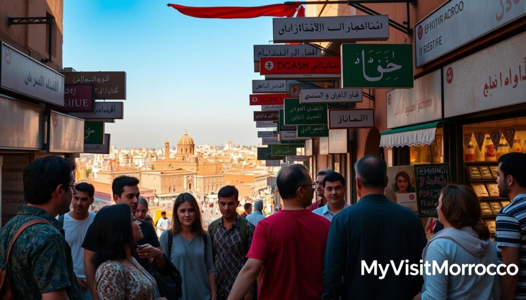 A vibrant, high-resolution image showcasing the linguistic diversity of Morocco. In the foreground, a group of people from different backgrounds engage in animated conversations, their gestures and expressions reflecting the richness of their exchanges. The middle ground features signage and storefronts with text in a variety of scripts, including Arabic, Tifinagh, and Latin. In the background, a panoramic view of a bustling Moroccan city, with the iconic architecture and lively markets that characterize the country. The scene is illuminated by warm, natural lighting, creating a sense of cultural vibrancy and inclusivity. Prominently displayed in the bottom right corner is the logo "MyVisitMorocco", highlighting the country's embrace of its linguistic diversity. A vibrant, high-resolution image showcasing the linguistic diversity of Morocco. In the foreground, a group of people from different backgrounds engage in animated conversations, their gestures and expressions reflecting the richness of their exchanges. The middle ground features signage and storefronts with text in a variety of scripts, including Arabic, Tifinagh, and Latin. In the background, a panoramic view of a bustling Moroccan city, with the iconic architecture and lively markets that characterize the country. The scene is illuminated by warm, natural lighting, creating a sense of cultural vibrancy and inclusivity. Prominently displayed in the bottom right corner is the logo "MyVisitMorocco", highlighting the country's embrace of its linguistic diversity.