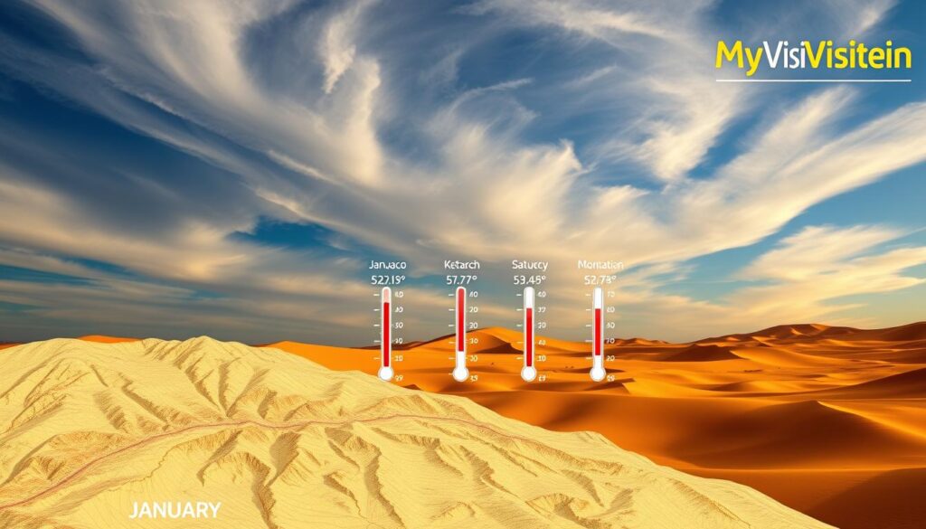 A vibrant, high-resolution landscape showcasing the diverse temperature ranges across Morocco in January. In the foreground, a detailed topographical map of the country, with elevation and climate data clearly depicted. In the middle ground, a series of thermometers and weather icons representing the average temperatures in key regions, from the snow-capped Atlas Mountains in the north to the sun-drenched Sahara in the south. The background features a dramatic sky, with wispy clouds and a warm, golden light, conveying the overall climate. Stylized text in the corner reads "MyVisitMorocco". A vibrant, high-resolution landscape showcasing the diverse temperature ranges across Morocco in January. In the foreground, a detailed topographical map of the country, with elevation and climate data clearly depicted. In the middle ground, a series of thermometers and weather icons representing the average temperatures in key regions, from the snow-capped Atlas Mountains in the north to the sun-drenched Sahara in the south. The background features a dramatic sky, with wispy clouds and a warm, golden light, conveying the overall climate. Stylized text in the corner reads "MyVisitMorocco".