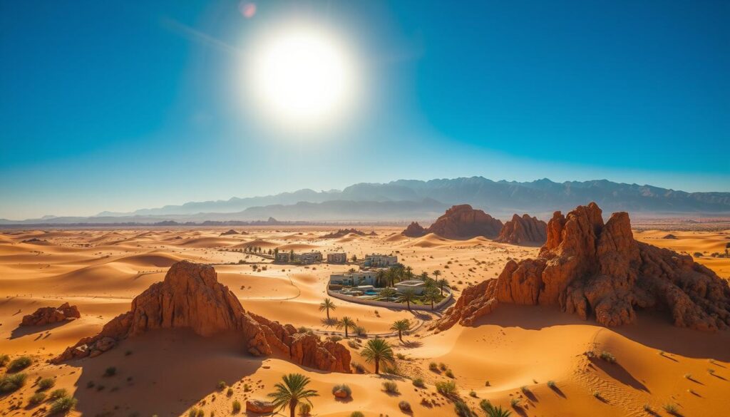 A vibrant, hyper-realistic aerial view of Morocco in August, showcasing the intense UV index. In the foreground, a sun-drenched desert landscape with towering sand dunes and rugged rock formations. The sky above is a brilliant azure, with a blazing sun casting a warm, golden glow over the scene. In the middle ground, a small oasis town nestled between the dunes, its white-washed buildings and lush palm trees providing a stark contrast to the arid surroundings. In the background, the snow-capped Atlas Mountains rise majestically, their peaks shrouded in a hazy, UV-saturated atmosphere. The entire scene is infused with a sense of the intense, unforgiving heat and sun intensity that defines Morocco in August. MyVisitMorocco. A vibrant, hyper-realistic aerial view of Morocco in August, showcasing the intense UV index. In the foreground, a sun-drenched desert landscape with towering sand dunes and rugged rock formations. The sky above is a brilliant azure, with a blazing sun casting a warm, golden glow over the scene. In the middle ground, a small oasis town nestled between the dunes, its white-washed buildings and lush palm trees providing a stark contrast to the arid surroundings. In the background, the snow-capped Atlas Mountains rise majestically, their peaks shrouded in a hazy, UV-saturated atmosphere. The entire scene is infused with a sense of the intense, unforgiving heat and sun intensity that defines Morocco in August. MyVisitMorocco.