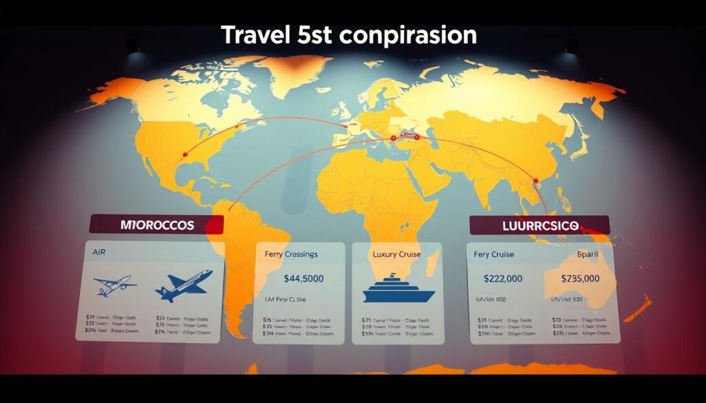 A vibrant, hyper-realistic illustration of a "Travel Cost Comparison" featuring a detailed world map in the background, with routes and transportation modes highlighted between Morocco and Spain. In the foreground, sleek infographic panels display cost breakdowns for air travel, ferry crossings, and luxury cruise options, all presented in a modern, data-driven style. The lighting is crisp and evenly distributed, with a slight cinematic hue that enhances the scene's visual impact. The overall composition conveys a sense of informative clarity and strategic planning, perfectly suited for the "MyVisitMorocco" brand. A vibrant, hyper-realistic illustration of a "Travel Cost Comparison" featuring a detailed world map in the background, with routes and transportation modes highlighted between Morocco and Spain. In the foreground, sleek infographic panels display cost breakdowns for air travel, ferry crossings, and luxury cruise options, all presented in a modern, data-driven style. The lighting is crisp and evenly distributed, with a slight cinematic hue that enhances the scene's visual impact. The overall composition conveys a sense of informative clarity and strategic planning, perfectly suited for the "MyVisitMorocco" brand.