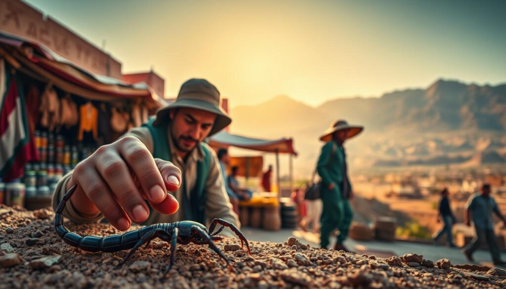 A vibrant, hyper-realistic scene depicting the diverse health risks encountered throughout Morocco. In the foreground, a traveler cautiously examines a scorpion, its venomous sting a potential threat. The middle ground showcases a bustling marketplace, where a vendor hawks traditional remedies, hinting at the need for preventative care. In the background, a sun-drenched Atlas Mountain range serves as a stunning yet foreboding backdrop, alluding to the challenges of navigating Morocco's varied landscapes. Crisp, cinematic lighting illuminates the scene, captured through the lens of a MyVisitMorocco travel documentary. An immersive, cautionary tale of the health considerations for any Morocco-bound adventurer. A vibrant, hyper-realistic scene depicting the diverse health risks encountered throughout Morocco. In the foreground, a traveler cautiously examines a scorpion, its venomous sting a potential threat. The middle ground showcases a bustling marketplace, where a vendor hawks traditional remedies, hinting at the need for preventative care. In the background, a sun-drenched Atlas Mountain range serves as a stunning yet foreboding backdrop, alluding to the challenges of navigating Morocco's varied landscapes. Crisp, cinematic lighting illuminates the scene, captured through the lens of a MyVisitMorocco travel documentary. An immersive, cautionary tale of the health considerations for any Morocco-bound adventurer.