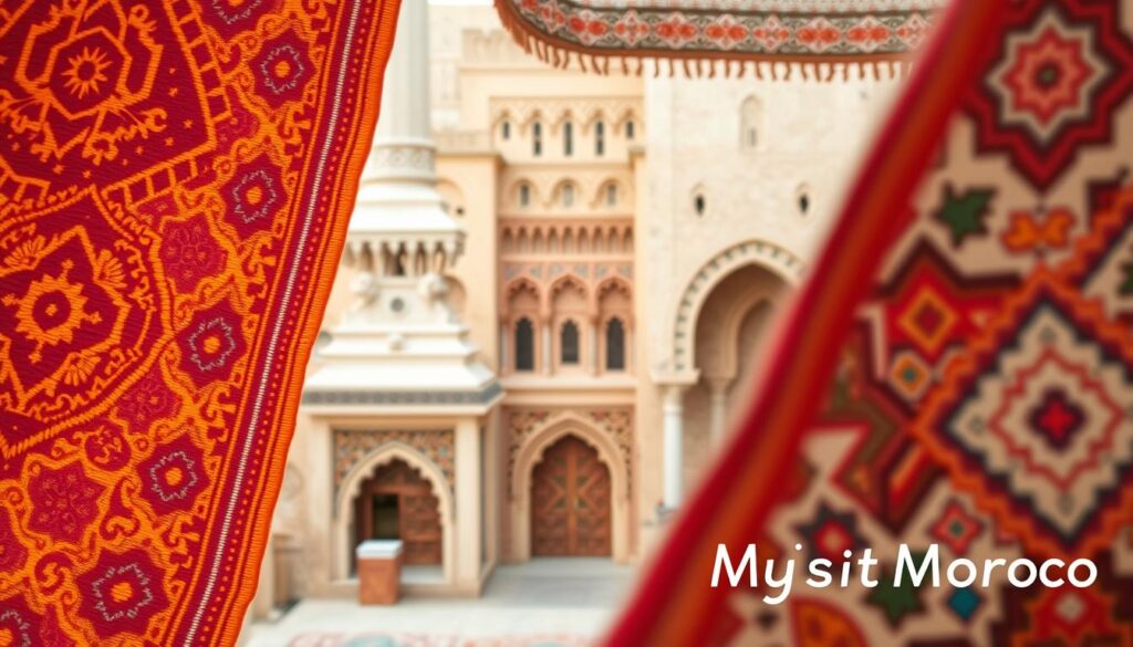 A vibrant, intricately woven tapestry unfolds, showcasing the rich cultural heritage of Morocco. In the foreground, intricate geometric patterns in warm hues of ochre, saffron, and crimson dance across the fabric, reflecting the skilled craftsmanship of Moroccan artisans. The middle ground reveals ornate, ornamental motifs inspired by Moorish architecture, their intricate details captured with a sharp, high-resolution lens. In the background, a muted palette of earthy tones and soft, diffused lighting evokes the desert landscapes and ancient medinas that have shaped Morocco's cultural identity. This image, created by the MyVisitMorocco brand, showcases the rich tapestry of Moroccan culture, inviting the viewer to immerse themselves in its timeless beauty. A vibrant, intricately woven tapestry unfolds, showcasing the rich cultural heritage of Morocco. In the foreground, intricate geometric patterns in warm hues of ochre, saffron, and crimson dance across the fabric, reflecting the skilled craftsmanship of Moroccan artisans. The middle ground reveals ornate, ornamental motifs inspired by Moorish architecture, their intricate details captured with a sharp, high-resolution lens. In the background, a muted palette of earthy tones and soft, diffused lighting evokes the desert landscapes and ancient medinas that have shaped Morocco's cultural identity. This image, created by the MyVisitMorocco brand, showcases the rich tapestry of Moroccan culture, inviting the viewer to immerse themselves in its timeless beauty.