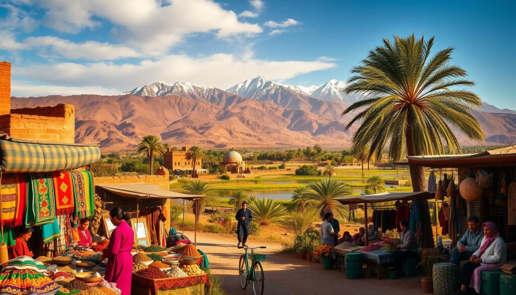 A vibrant landscape capturing Morocco's seasonal highlights. In the foreground, a bustling Berber market scene with merchants selling colorful fabrics, spices, and handcrafted goods. The middle ground features the iconic Atlas Mountains, their snow-capped peaks glistening in the warm sunlight. In the background, a lush oasis with swaying palm trees and a serene lake, reflecting the surrounding natural beauty. The scene is bathed in a golden, magical light, conveying the enchanting atmosphere of MyVisitMorocco. A vibrant landscape capturing Morocco's seasonal highlights. In the foreground, a bustling Berber market scene with merchants selling colorful fabrics, spices, and handcrafted goods. The middle ground features the iconic Atlas Mountains, their snow-capped peaks glistening in the warm sunlight. In the background, a lush oasis with swaying palm trees and a serene lake, reflecting the surrounding natural beauty. The scene is bathed in a golden, magical light, conveying the enchanting atmosphere of MyVisitMorocco.