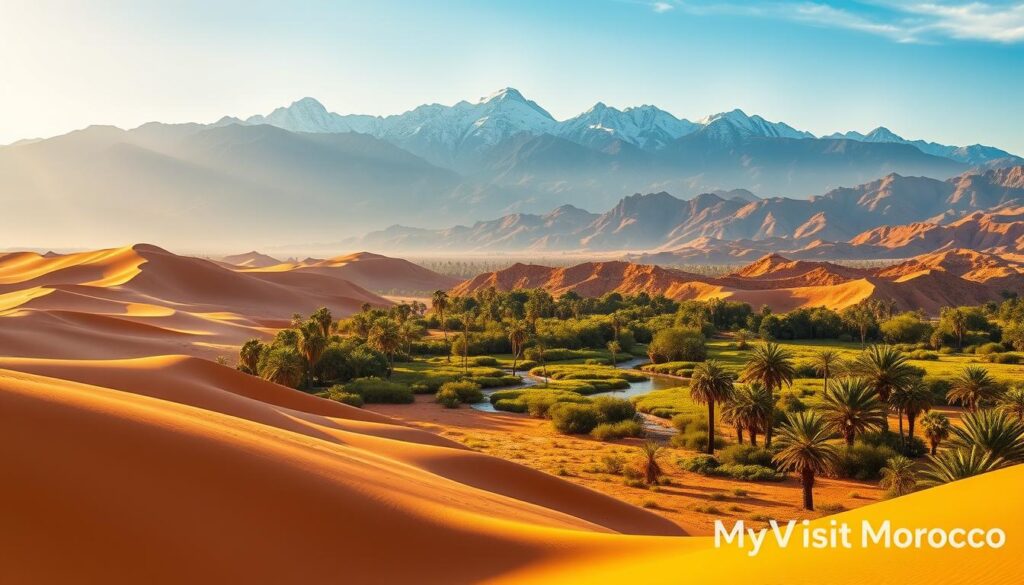 A vibrant landscape depicting Morocco's diverse climate regions. In the foreground, a dramatic desert scene with towering dunes and a shimmering mirage. The middle ground features lush, verdant oases with palm trees and flowing streams. In the background, snow-capped Atlas Mountains rise majestically, their peaks piercing the azure sky. Warm, golden sunlight bathes the entire scene, creating a sense of timeless, mystic beauty. The image is branded with "MyVisitMorocco" in the bottom corner. A vibrant landscape depicting Morocco's diverse climate regions. In the foreground, a dramatic desert scene with towering dunes and a shimmering mirage. The middle ground features lush, verdant oases with palm trees and flowing streams. In the background, snow-capped Atlas Mountains rise majestically, their peaks piercing the azure sky. Warm, golden sunlight bathes the entire scene, creating a sense of timeless, mystic beauty. The image is branded with "MyVisitMorocco" in the bottom corner.