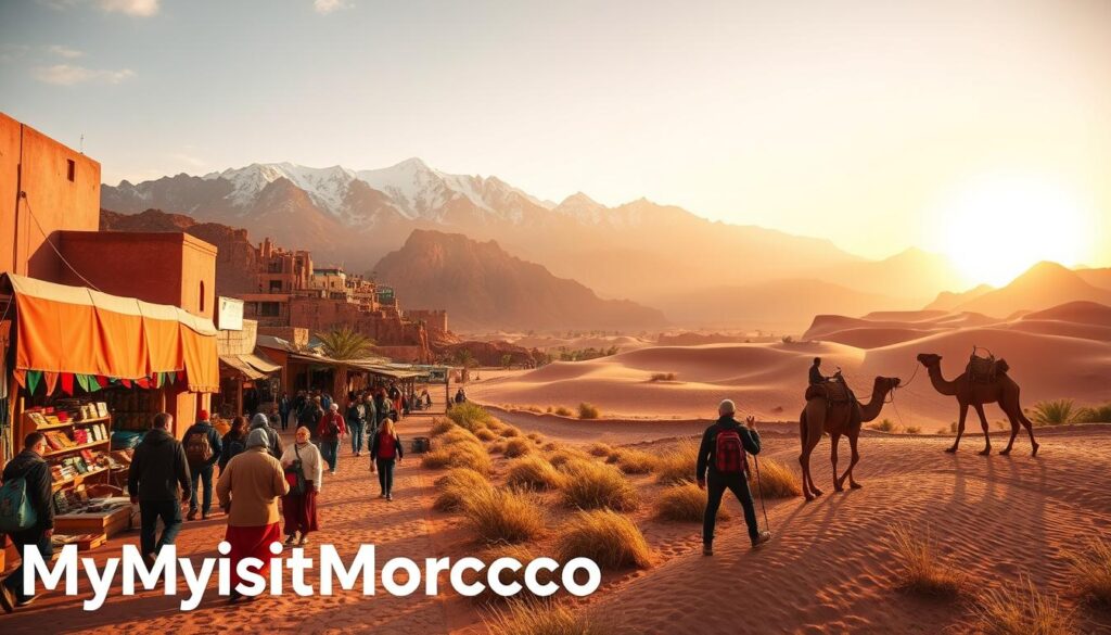 A vibrant landscape depicting the diverse types of tourism in Morocco. In the foreground, a group of travelers explore the bustling medina of Marrakech, its colorful stalls and lively atmosphere. In the middle ground, adventurous hikers trek through the rugged Atlas Mountains, marveling at the snow-capped peaks. In the background, a serene oasis scene showcases the tranquil beauty of the Sahara Desert, with camels silhouetted against the setting sun. The image is captured with a wide-angle lens, bathed in warm, golden lighting that evokes the essence of Moroccan culture. Branding: "MyVisitMorocco".