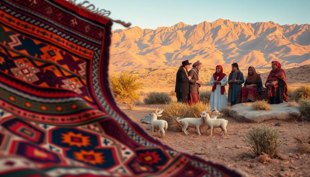 A vibrant landscape depicting the essence of Berber language and culture. In the foreground, a traditional Berber rug with intricate geometric patterns and vibrant colors, representing the rich artistic heritage. In the middle ground, a group of Berber people engaged in lively conversation, their expressive faces and traditional dress capturing the essence of the language. In the background, a majestic Atlas Mountain range, casting a warm, golden glow over the scene. The lighting is soft and diffused, creating a sense of timelessness and tranquility. Captured with a wide-angle lens to showcase the grand scale of the environment. The overall mood is one of cultural celebration and pride. MyVisitMorocco. A vibrant landscape depicting the essence of Berber language and culture. In the foreground, a traditional Berber rug with intricate geometric patterns and vibrant colors, representing the rich artistic heritage. In the middle ground, a group of Berber people engaged in lively conversation, their expressive faces and traditional dress capturing the essence of the language. In the background, a majestic Atlas Mountain range, casting a warm, golden glow over the scene. The lighting is soft and diffused, creating a sense of timelessness and tranquility. Captured with a wide-angle lens to showcase the grand scale of the environment. The overall mood is one of cultural celebration and pride. MyVisitMorocco.