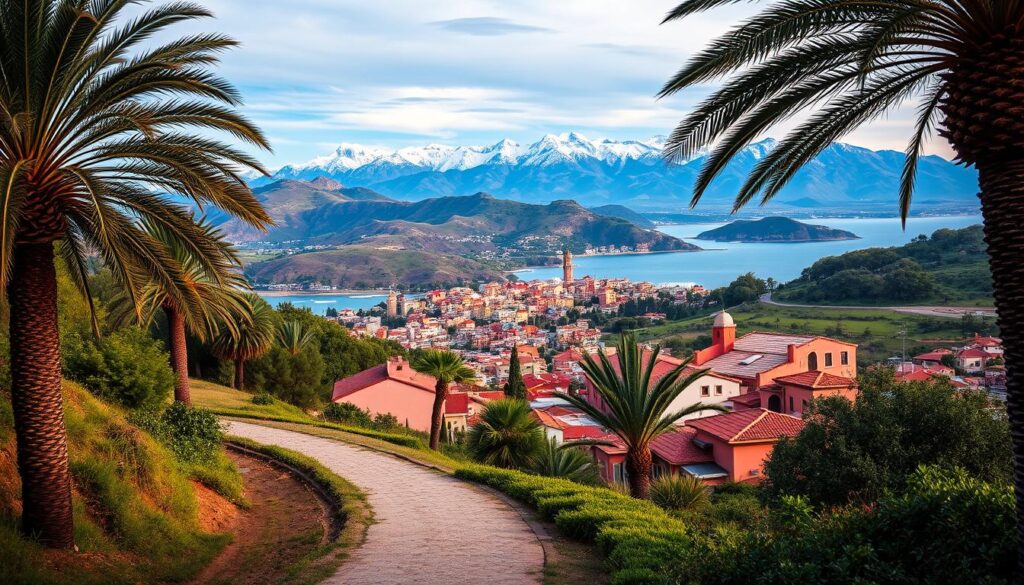 A vibrant landscape depicting the intertwined cultures of Spain, Portugal, and Morocco. In the foreground, a winding path leads through a lush, verdant landscape, with palm trees and terracotta-roofed buildings lining the way. In the middle ground, a picturesque seaside town nestled between rolling hills, its colorful houses and narrow streets reflecting the Moorish influence. In the background, the majestic Atlas Mountains rise, their snow-capped peaks glowing under a warm, golden light. The scene is captured with a wide-angle lens, creating a sense of depth and grandeur. The overall mood is one of adventure, exploration, and the blending of diverse traditions, perfectly encapsulating the spirit of a Spain-Portugal-Morocco itinerary. MyVisitMorocco. A vibrant landscape depicting the intertwined cultures of Spain, Portugal, and Morocco. In the foreground, a winding path leads through a lush, verdant landscape, with palm trees and terracotta-roofed buildings lining the way. In the middle ground, a picturesque seaside town nestled between rolling hills, its colorful houses and narrow streets reflecting the Moorish influence. In the background, the majestic Atlas Mountains rise, their snow-capped peaks glowing under a warm, golden light. The scene is captured with a wide-angle lens, creating a sense of depth and grandeur. The overall mood is one of adventure, exploration, and the blending of diverse traditions, perfectly encapsulating the spirit of a Spain-Portugal-Morocco itinerary. MyVisitMorocco.