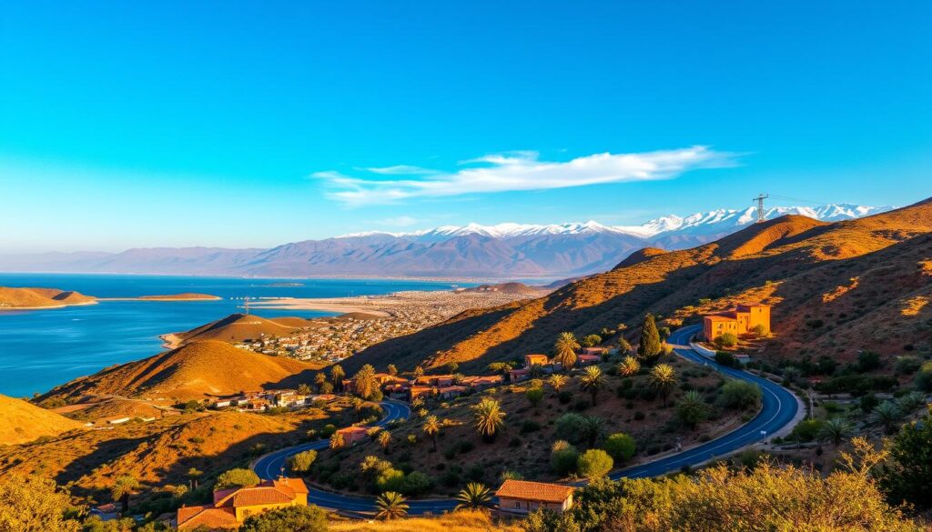 A vibrant landscape depicting the journey from Southern Spain to Morocco. In the foreground, a winding road cuts through rolling hills, flanked by clusters of terracotta-roofed buildings and lush, verdant foliage. The middle ground features a tranquil bay, its azure waters reflecting the hues of the sky above. In the distance, the majestic Atlas Mountains rise, their snow-capped peaks casting a serene, majestic presence. The scene is bathed in warm, golden light, creating a sense of timeless charm. MyVisitMorocco. A vibrant landscape depicting the journey from Southern Spain to Morocco. In the foreground, a winding road cuts through rolling hills, flanked by clusters of terracotta-roofed buildings and lush, verdant foliage. The middle ground features a tranquil bay, its azure waters reflecting the hues of the sky above. In the distance, the majestic Atlas Mountains rise, their snow-capped peaks casting a serene, majestic presence. The scene is bathed in warm, golden light, creating a sense of timeless charm. MyVisitMorocco.