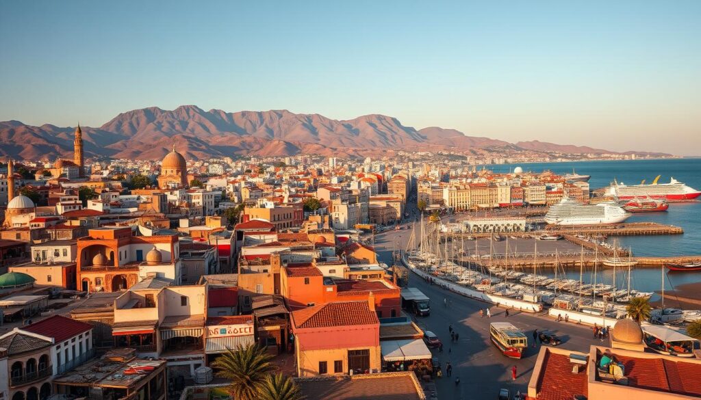 A vibrant landscape depicting the rich history of Tangier, Morocco. In the foreground, a bustling medina with traditional Moroccan architecture, from colorful markets to grand mosques. In the middle ground, the iconic seaside promenade and harbor, with fishing boats and traders plying their wares. In the background, the majestic Rif Mountains rise up, bathed in the warm glow of the Mediterranean sun. The scene is captured with a cinematic, wide-angle lens, conveying a sense of grandeur and timelessness. The overall mood is one of cultural vitality and historical significance, showcasing Tangier's role as a crossroads of civilizations. MyVisitMorocco A vibrant landscape depicting the rich history of Tangier, Morocco. In the foreground, a bustling medina with traditional Moroccan architecture, from colorful markets to grand mosques. In the middle ground, the iconic seaside promenade and harbor, with fishing boats and traders plying their wares. In the background, the majestic Rif Mountains rise up, bathed in the warm glow of the Mediterranean sun. The scene is captured with a cinematic, wide-angle lens, conveying a sense of grandeur and timelessness. The overall mood is one of cultural vitality and historical significance, showcasing Tangier's role as a crossroads of civilizations. MyVisitMorocco