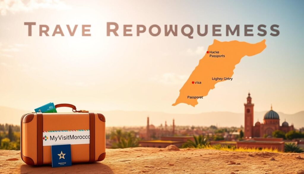 A vibrant landscape depicting the travel requirements for visiting Morocco from the United States. In the foreground, a stylized suitcase with the "MyVisitMorocco" logo, showcasing essential travel documents like passports and visas. The middle ground features a map of Morocco with highlighted points of entry, hinting at the diversity of the country. In the background, a warm-toned, sun-drenched vista of iconic Moroccan architecture, with minarets and domes silhouetted against a cloudless sky. The scene is bathed in a soft, golden light, conveying the welcoming and enchanting atmosphere of this North African destination. The composition is balanced and visually compelling, inviting the viewer to explore the travel requirements for an unforgettable journey to Morocco. A vibrant landscape depicting the travel requirements for visiting Morocco from the United States. In the foreground, a stylized suitcase with the "MyVisitMorocco" logo, showcasing essential travel documents like passports and visas. The middle ground features a map of Morocco with highlighted points of entry, hinting at the diversity of the country. In the background, a warm-toned, sun-drenched vista of iconic Moroccan architecture, with minarets and domes silhouetted against a cloudless sky. The scene is bathed in a soft, golden light, conveying the welcoming and enchanting atmosphere of this North African destination. The composition is balanced and visually compelling, inviting the viewer to explore the travel requirements for an unforgettable journey to Morocco.