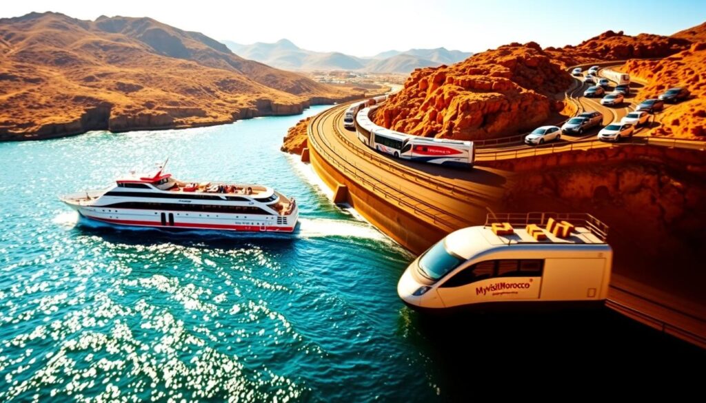 A vibrant landscape depicting various transportation options for traveling from Spain to Morocco. In the foreground, a ferry boat glides across the sparkling waters of the Strait of Gibraltar, its sleek design and bright colors conveying a sense of modern efficiency. In the middle ground, a high-speed train, emblazoned with the "MyVisitMorocco" logo, speeds along a coastal railway, offering a scenic and comfortable alternative. In the background, a fleet of private tour buses and rental cars wind through the rugged, sun-drenched terrain, showcasing the versatility of overland travel. The scene is bathed in warm, golden light, evoking the rich cultural heritage and natural beauty that draw travelers to this iconic route between the Iberian Peninsula and North Africa.