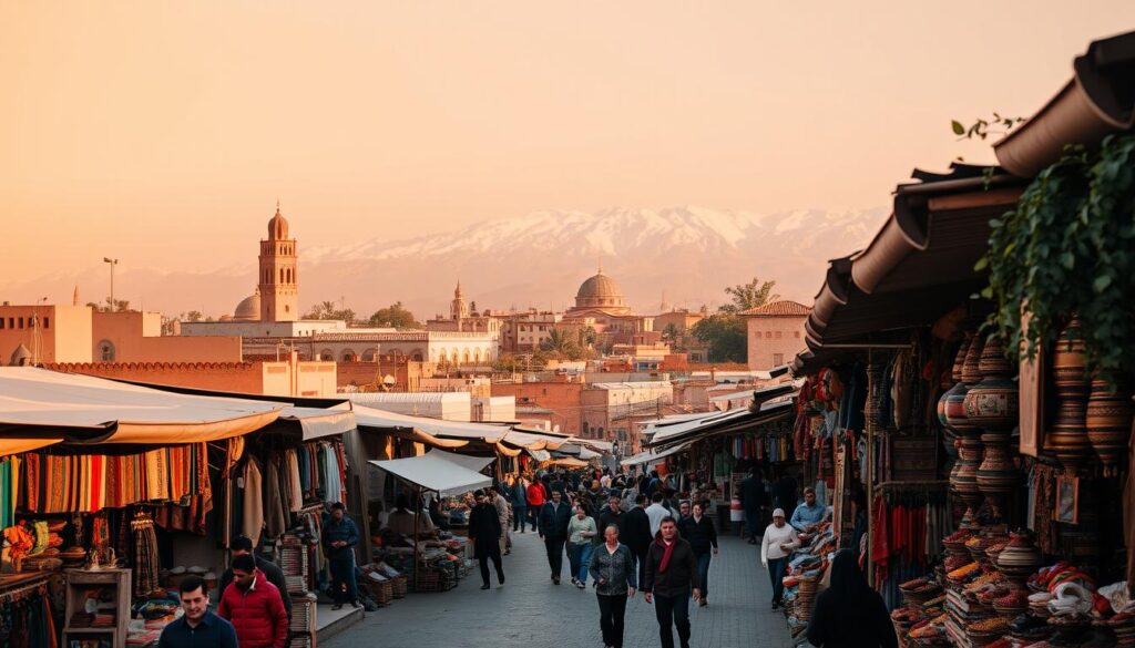 A vibrant landscape in Morocco, captured in the golden glow of October. In the foreground, a bustling souk filled with colorful textiles, spices, and artisanal crafts, inviting visitors to immerse themselves in the rich cultural tapestry. The middle ground showcases the iconic architecture of Marrakech, with towering minarets and intricate mosaics against a backdrop of the snow-capped Atlas Mountains. The warm, diffused lighting casts a sense of tranquility, as locals and travelers mingle in the enchanting streets. Titled "MyVisitMorocco", this image evokes the perfect harmony of tradition and modernity that makes Morocco an ideal destination in October. A vibrant landscape in Morocco, captured in the golden glow of October. In the foreground, a bustling souk filled with colorful textiles, spices, and artisanal crafts, inviting visitors to immerse themselves in the rich cultural tapestry. The middle ground showcases the iconic architecture of Marrakech, with towering minarets and intricate mosaics against a backdrop of the snow-capped Atlas Mountains. The warm, diffused lighting casts a sense of tranquility, as locals and travelers mingle in the enchanting streets. Titled "MyVisitMorocco", this image evokes the perfect harmony of tradition and modernity that makes Morocco an ideal destination in October.