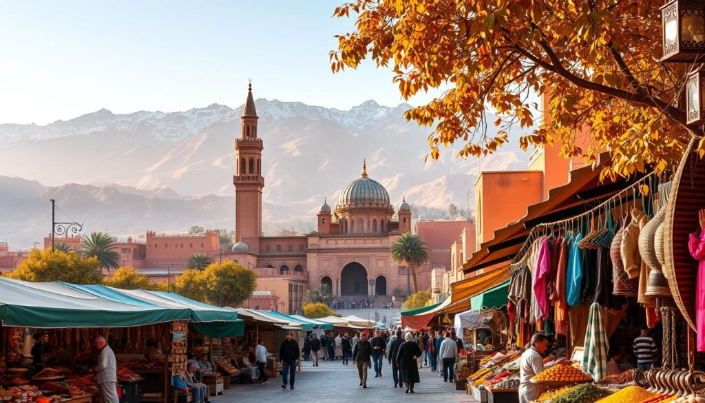 A vibrant landscape in Morocco during October, captured with a wide-angle lens. In the foreground, a bustling marketplace with colorful spice stalls, local artisans, and intricate handicrafts. The middle ground features a grand, ornate mosque with its iconic minaret, surrounded by traditional riad-style buildings in warm, earthy tones. In the background, the majestic Atlas Mountains rise, their peaks dusted with a light autumn snowfall. The scene is bathed in soft, golden light, creating a serene and inviting atmosphere. MyVisitMorocco. A vibrant landscape in Morocco during October, captured with a wide-angle lens. In the foreground, a bustling marketplace with colorful spice stalls, local artisans, and intricate handicrafts. The middle ground features a grand, ornate mosque with its iconic minaret, surrounded by traditional riad-style buildings in warm, earthy tones. In the background, the majestic Atlas Mountains rise, their peaks dusted with a light autumn snowfall. The scene is bathed in soft, golden light, creating a serene and inviting atmosphere. MyVisitMorocco.